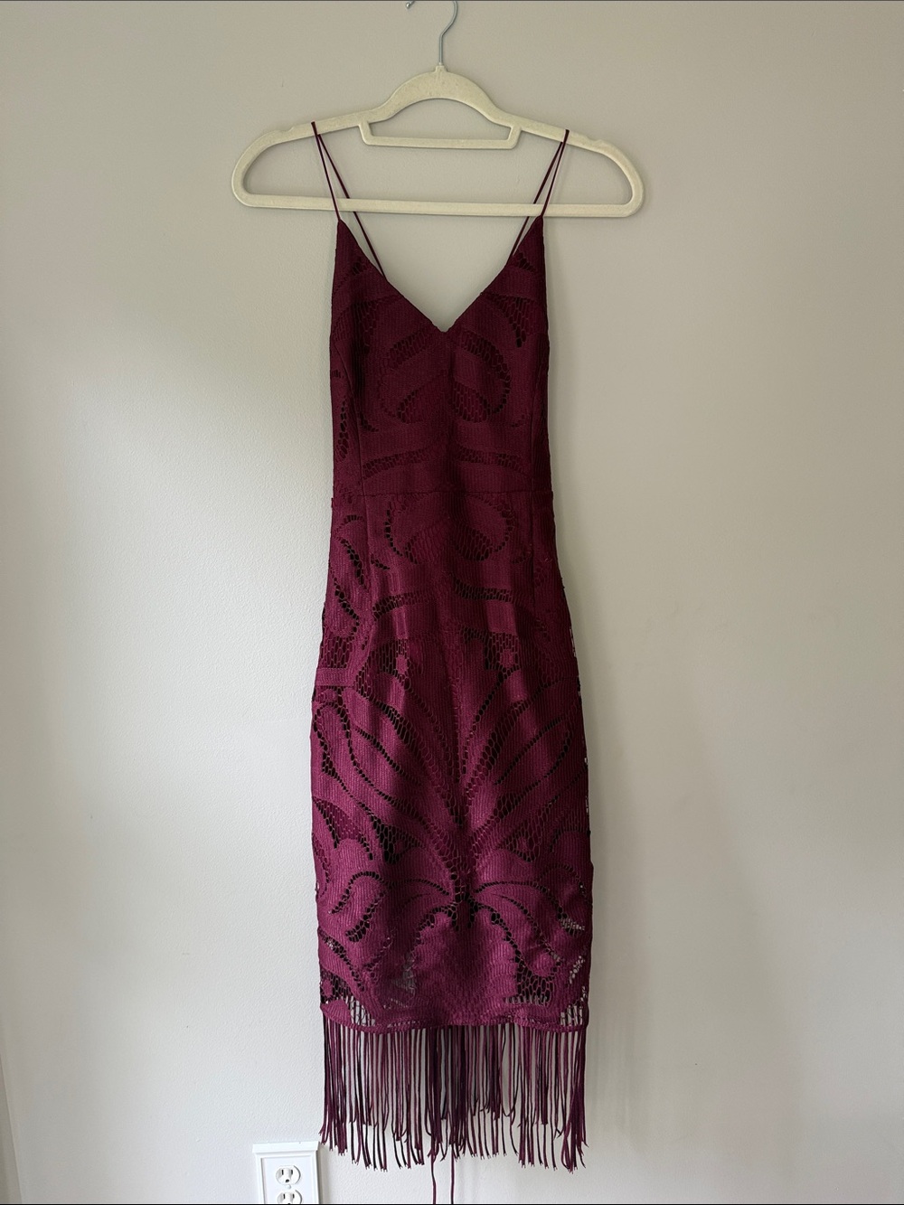 Fringe Hem Lace Midi Dress in Burgundy